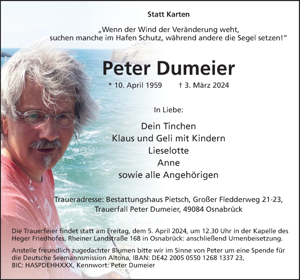  Traueranzeige für Peter Dumeier vom 16.03.2024 aus Neue Osnabrücker Zeitung GmbH & Co. KG