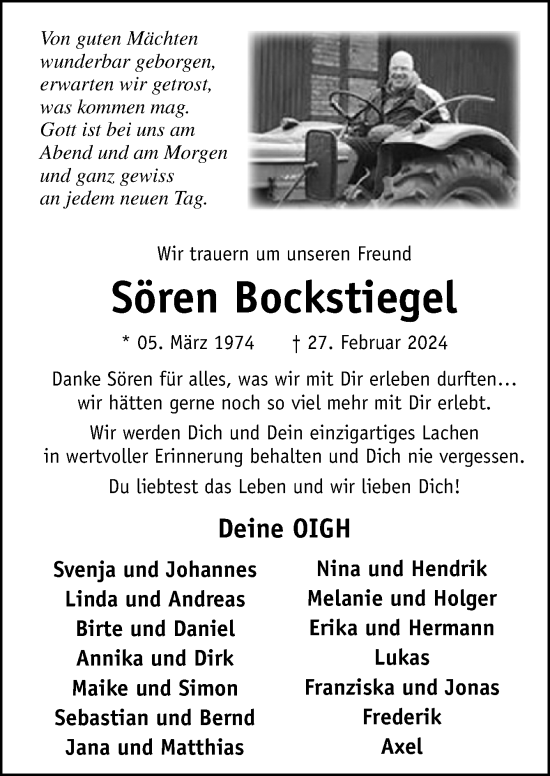 Traueranzeige von Sören Bockstiegel von Neue Osnabrücker Zeitung GmbH & Co. KG