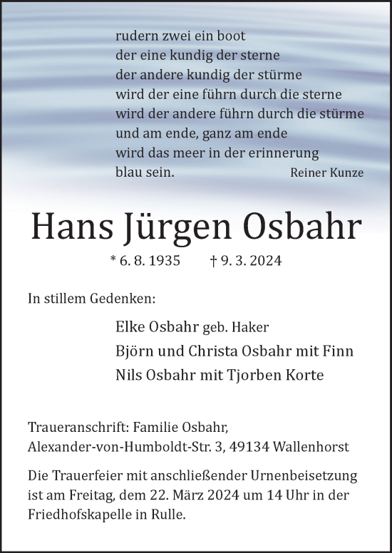 Traueranzeige von Hans Jürgen Osbahr von Neue Osnabrücker Zeitung GmbH & Co. KG