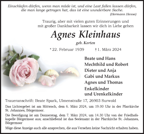 Traueranzeige von Agnes Kleinhaus von Neue Osnabrücker Zeitung GmbH & Co. KG