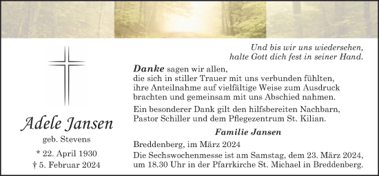 Traueranzeige von Adele Jansen von Neue Osnabrücker Zeitung GmbH & Co. KG