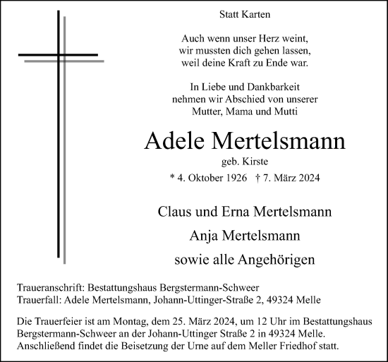 Traueranzeige von Adele Mertelsmann von Neue Osnabrücker Zeitung GmbH & Co. KG