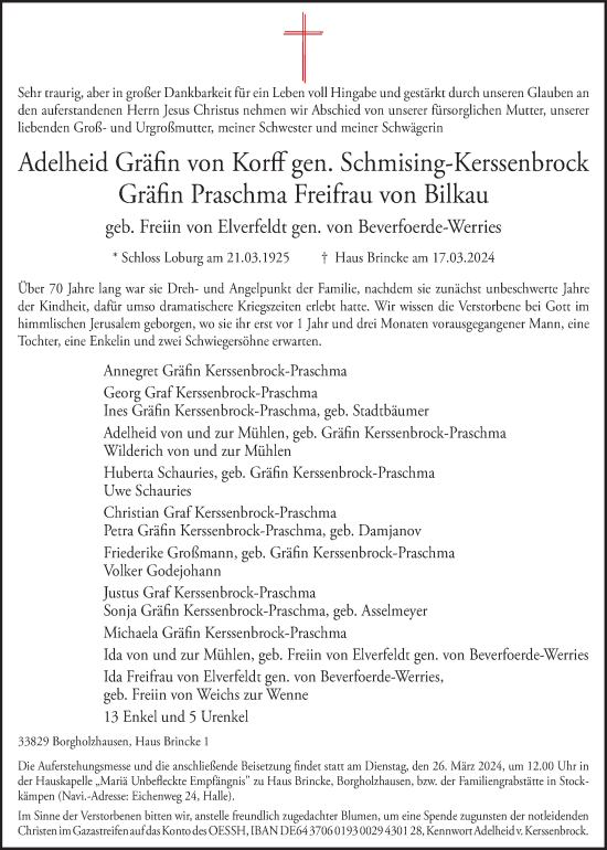Traueranzeige von Adelheid  Gräfin von Korff gen. Schmising-Kerssenbrock von Neue Osnabrücker Zeitung GmbH & Co. KG