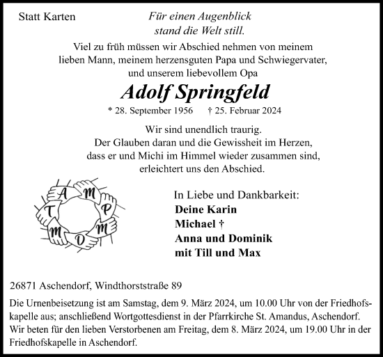 Traueranzeige von Adolf Springfeld von Neue Osnabrücker Zeitung GmbH & Co. KG