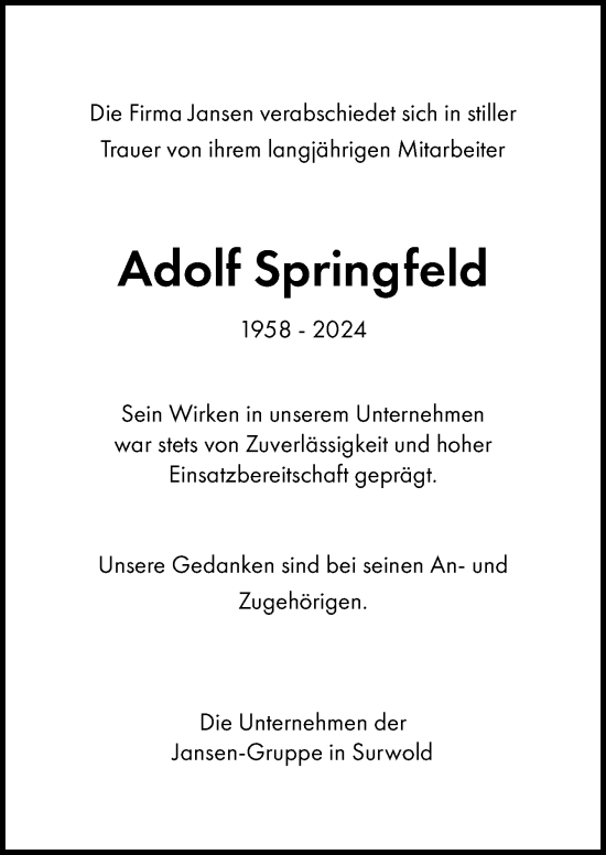 Traueranzeige von Adolf Springfeld von Neue Osnabrücker Zeitung GmbH & Co. KG