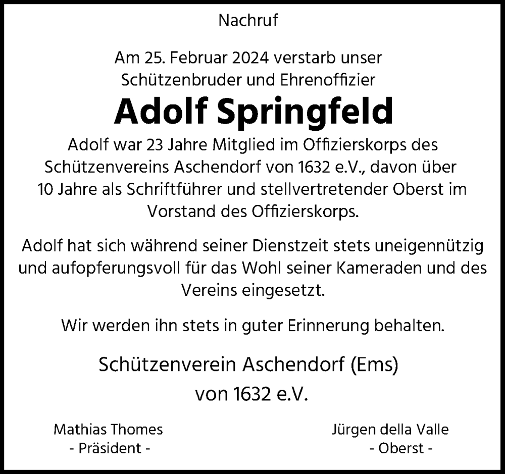  Traueranzeige für Adolf Springfeld vom 05.03.2024 aus Neue Osnabrücker Zeitung GmbH & Co. KG