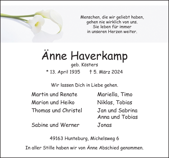 Traueranzeige von Änne Haverkamp von Neue Osnabrücker Zeitung GmbH & Co. KG