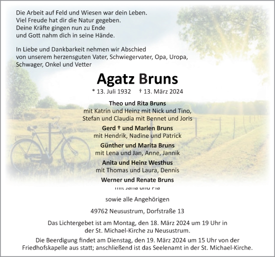 Traueranzeige von Agatz Bruns von Neue Osnabrücker Zeitung GmbH & Co. KG