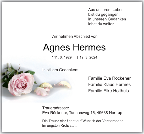 Traueranzeige von Agnes Hermes von Neue Osnabrücker Zeitung GmbH & Co. KG