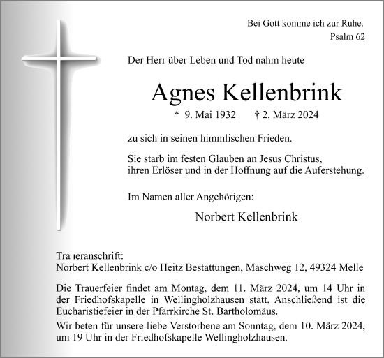 Traueranzeige von Agnes Kellenbrink von Neue Osnabrücker Zeitung GmbH & Co. KG