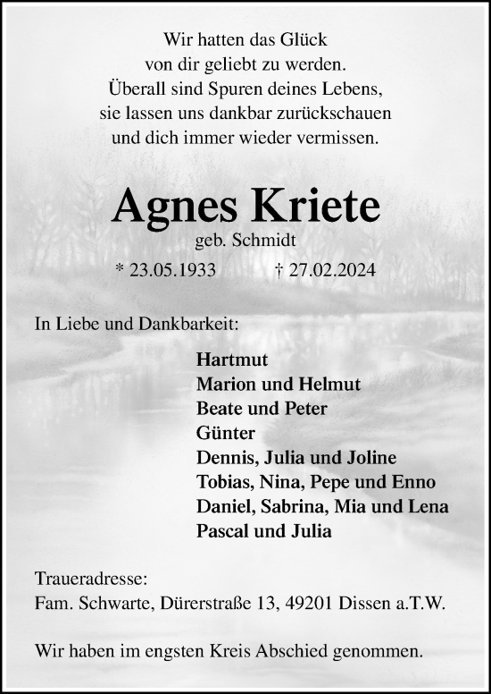 Traueranzeige von Agnes Kriete von Neue Osnabrücker Zeitung GmbH & Co. KG