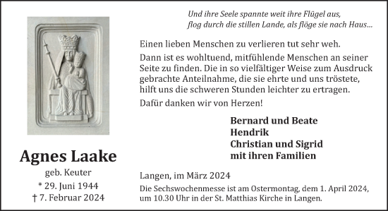 Traueranzeige von Agnes Laake von Neue Osnabrücker Zeitung GmbH & Co. KG