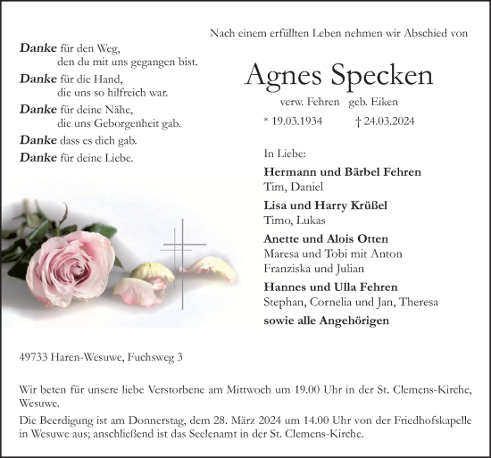Traueranzeige von Agnes Specken von Neue Osnabrücker Zeitung GmbH &amp; Co. KG