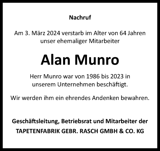 Traueranzeige von Alan Munro von Neue Osnabrücker Zeitung GmbH & Co. KG