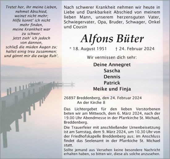 Traueranzeige von Alfons Büter von Neue Osnabrücker Zeitung GmbH & Co. KG