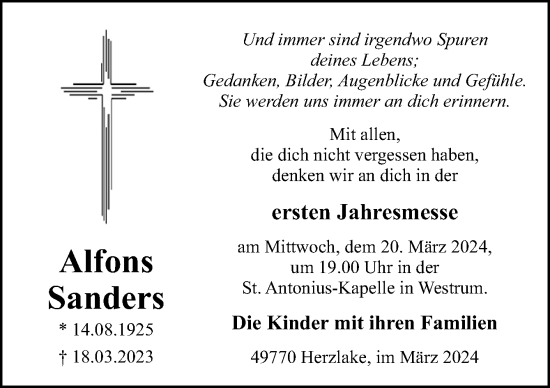 Traueranzeige von Alfons Sanders von Neue Osnabrücker Zeitung GmbH & Co. KG