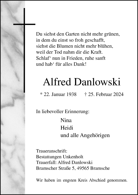 Traueranzeige von Alfred Danlowski von Neue Osnabrücker Zeitung GmbH & Co. KG