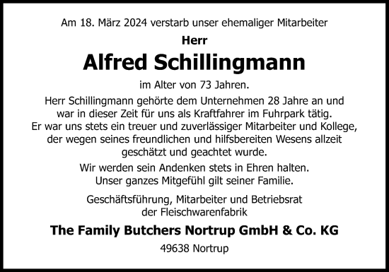Traueranzeige von Alfred Schillingmann von Neue Osnabrücker Zeitung GmbH & Co. KG