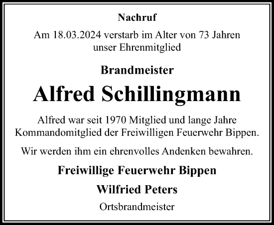Traueranzeige von Alfred Schillingmann von Neue Osnabrücker Zeitung GmbH & Co. KG