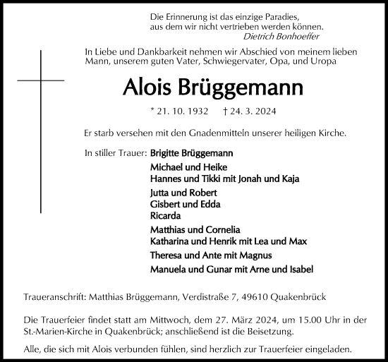 Traueranzeige von Alois Brüggemann von Neue Osnabrücker Zeitung GmbH & Co. KG