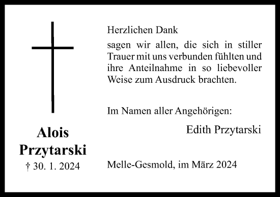 Traueranzeige von Alois Przytarski von Neue Osnabrücker Zeitung GmbH & Co. KG