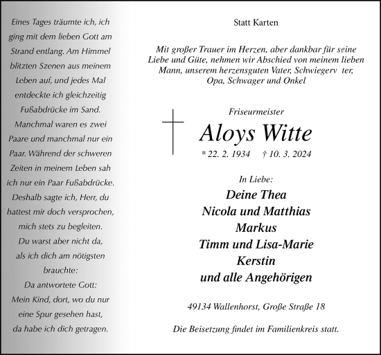 Traueranzeige von Aloys Witte von Neue Osnabrücker Zeitung GmbH & Co. KG