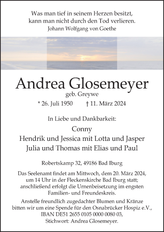 Traueranzeige von Andrea Glosemeyer von Neue Osnabrücker Zeitung GmbH & Co. KG