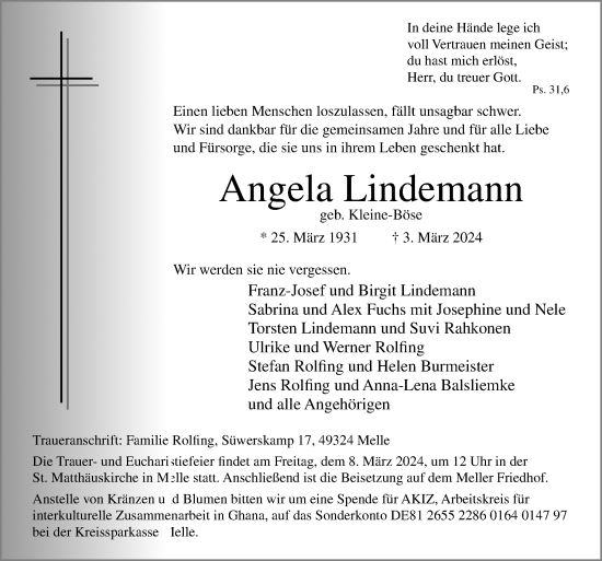 Traueranzeige von Angela Lindemann von Neue Osnabrücker Zeitung GmbH & Co. KG