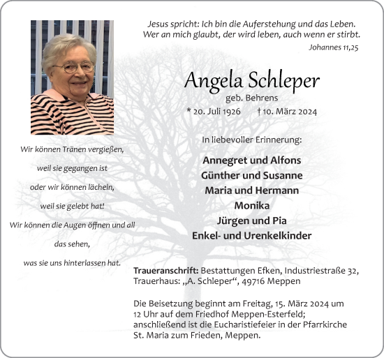 Traueranzeige von Angela Schleper von Neue Osnabrücker Zeitung GmbH & Co. KG