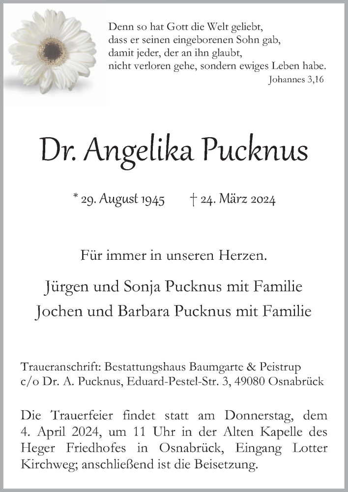  Traueranzeige für Angelika Pucknus vom 30.03.2024 aus Neue Osnabrücker Zeitung GmbH & Co. KG