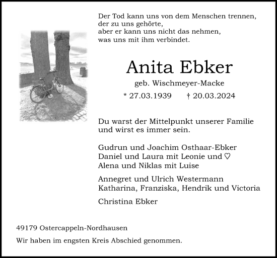 Traueranzeige von Anita Ebker von Neue Osnabrücker Zeitung GmbH & Co. KG