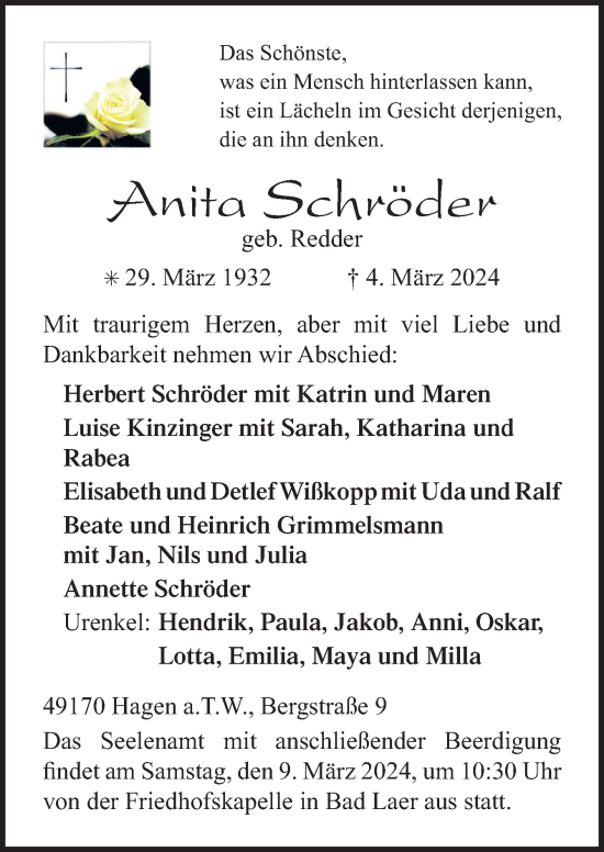 Traueranzeige von Anita Schröder von Neue Osnabrücker Zeitung GmbH & Co. KG