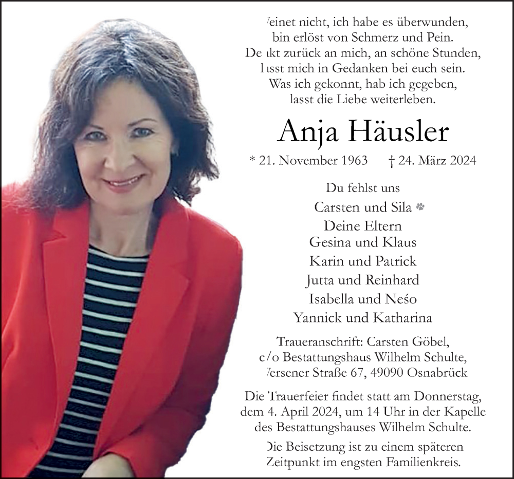  Traueranzeige für Anja Häusler vom 30.03.2024 aus Neue Osnabrücker Zeitung GmbH & Co. KG