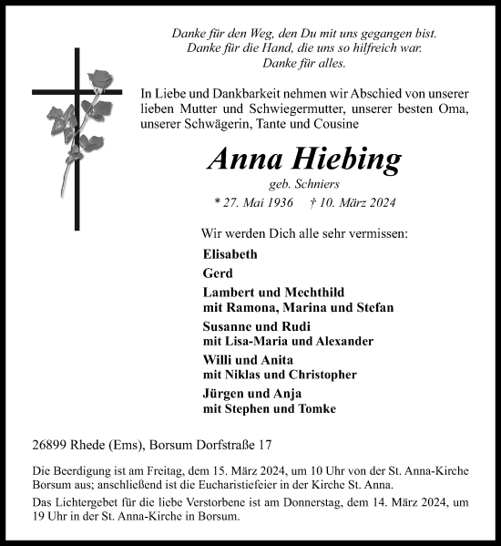 Traueranzeige von Anna Hiebing von Neue Osnabrücker Zeitung GmbH & Co. KG