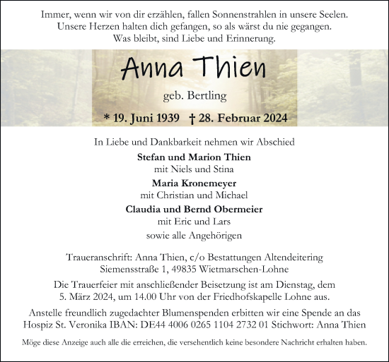 Traueranzeige von Anna Thien von Neue Osnabrücker Zeitung GmbH & Co. KG