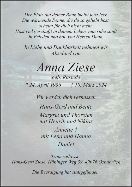 Traueranzeige von Anna Ziese von Neue Osnabrücker Zeitung GmbH & Co. KG