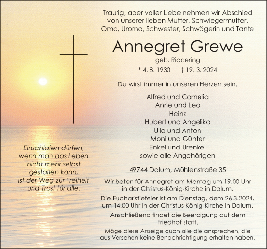 Traueranzeige von Annegret Grewe von Neue Osnabrücker Zeitung GmbH & Co. KG