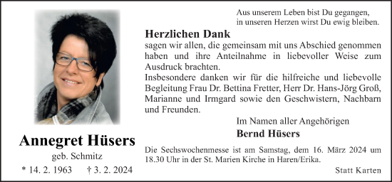 Traueranzeige von Annegret Hüsers von Neue Osnabrücker Zeitung GmbH & Co. KG