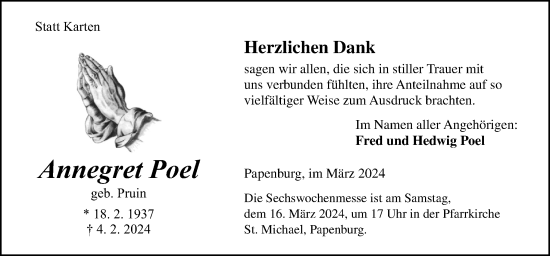 Traueranzeige von Annegret Poel von Neue Osnabrücker Zeitung GmbH & Co. KG