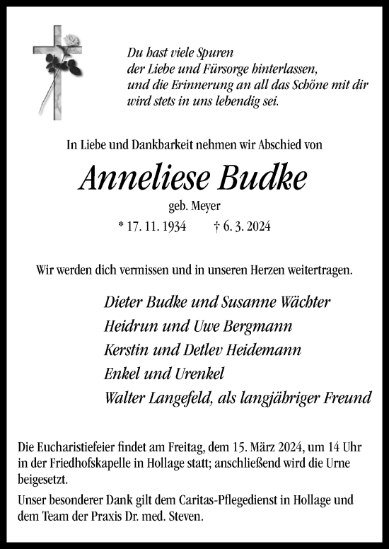 Traueranzeige von Anneliese Budke von Neue Osnabrücker Zeitung GmbH & Co. KG