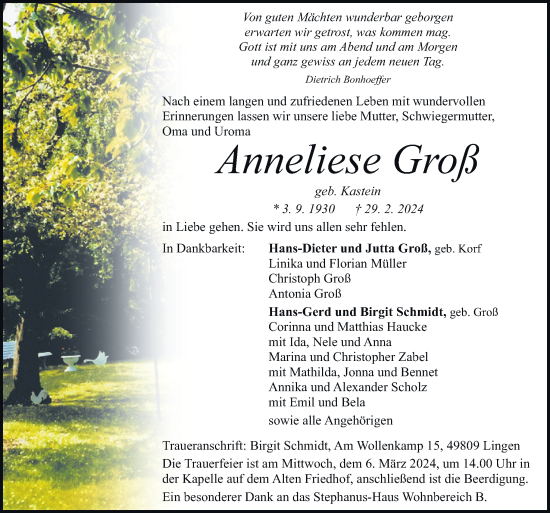 Traueranzeige von Anneliese Groß von Neue Osnabrücker Zeitung GmbH & Co. KG