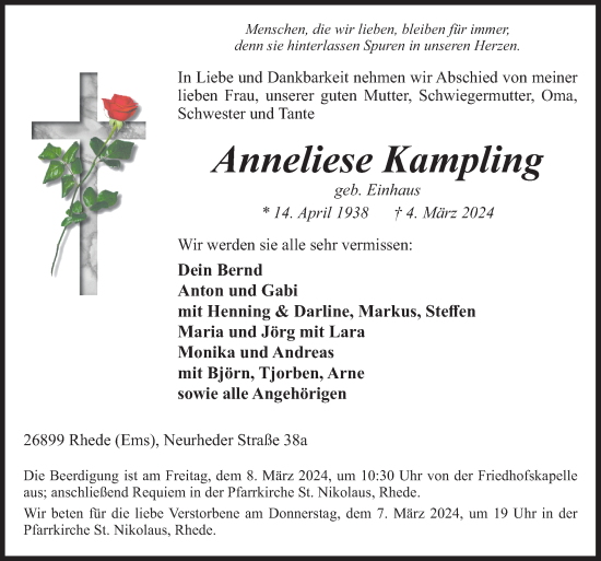 Traueranzeige von Anneliese Kampling von Neue Osnabrücker Zeitung GmbH & Co. KG
