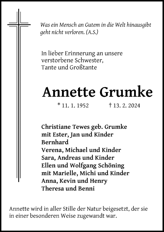 Traueranzeige von Annette Grumke von Neue Osnabrücker Zeitung GmbH & Co. KG
