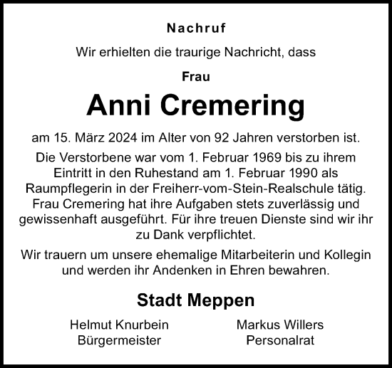 Traueranzeige von Anni Cremering von Neue Osnabrücker Zeitung GmbH & Co. KG