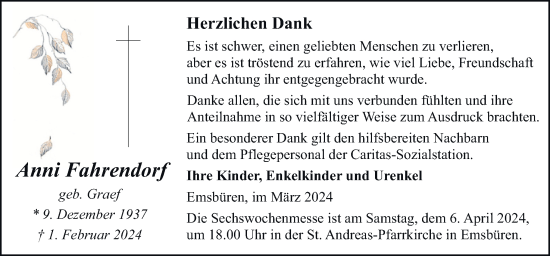 Traueranzeige von Anni Fahrendorf von Neue Osnabrücker Zeitung GmbH & Co. KG