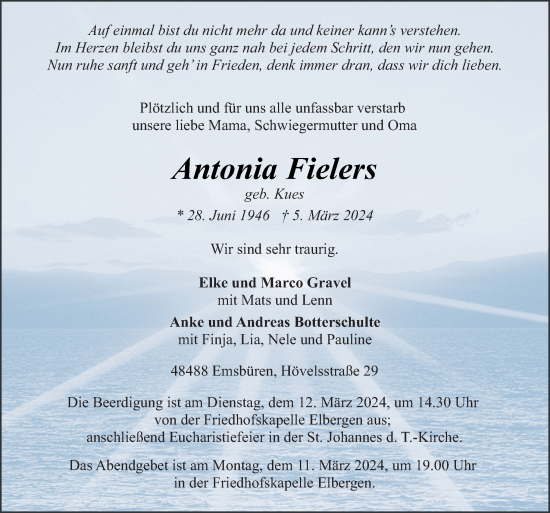 Traueranzeige von Antonia Fielers von Neue Osnabrücker Zeitung GmbH & Co. KG