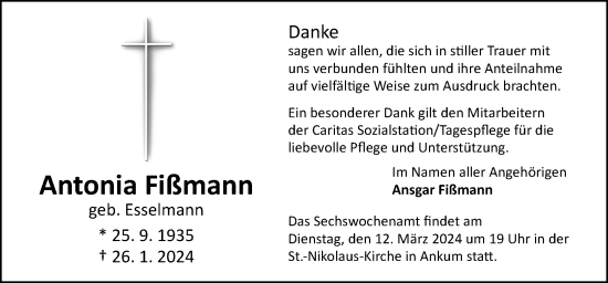 Traueranzeige von Antonia Fißmann von Neue Osnabrücker Zeitung GmbH & Co. KG