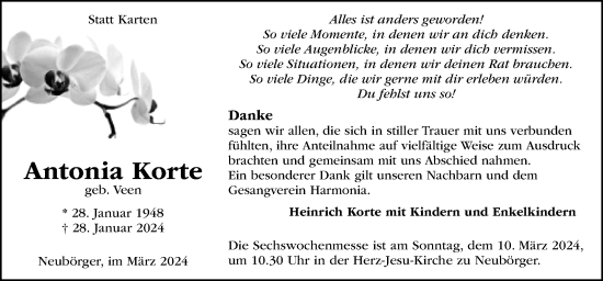 Traueranzeige von Antonia Korte von Neue Osnabrücker Zeitung GmbH & Co. KG