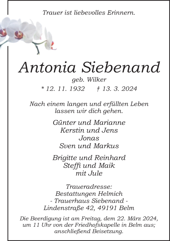 Traueranzeige von Antonia Siebenand von Neue Osnabrücker Zeitung GmbH & Co. KG