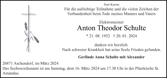 Traueranzeige von Anton Theodor Schulte von Neue Osnabrücker Zeitung GmbH & Co. KG